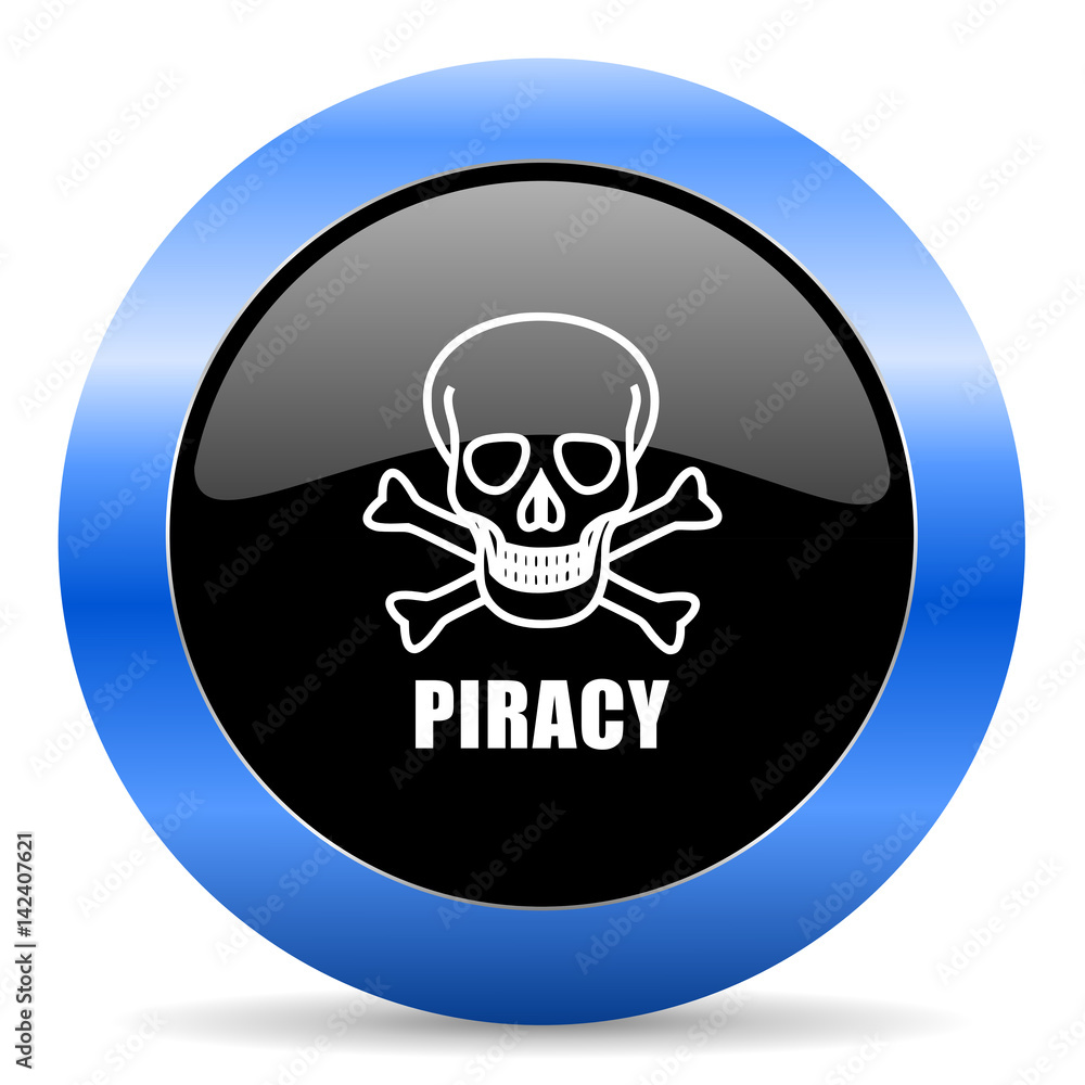 Poster piracy skull black and blue web design round internet icon with shadow on white background.