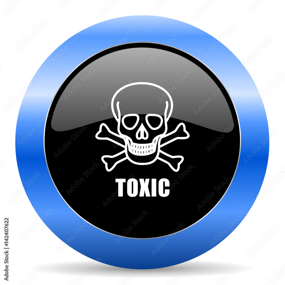 Poster toxic skull black and blue web design round internet icon with shadow on white background.