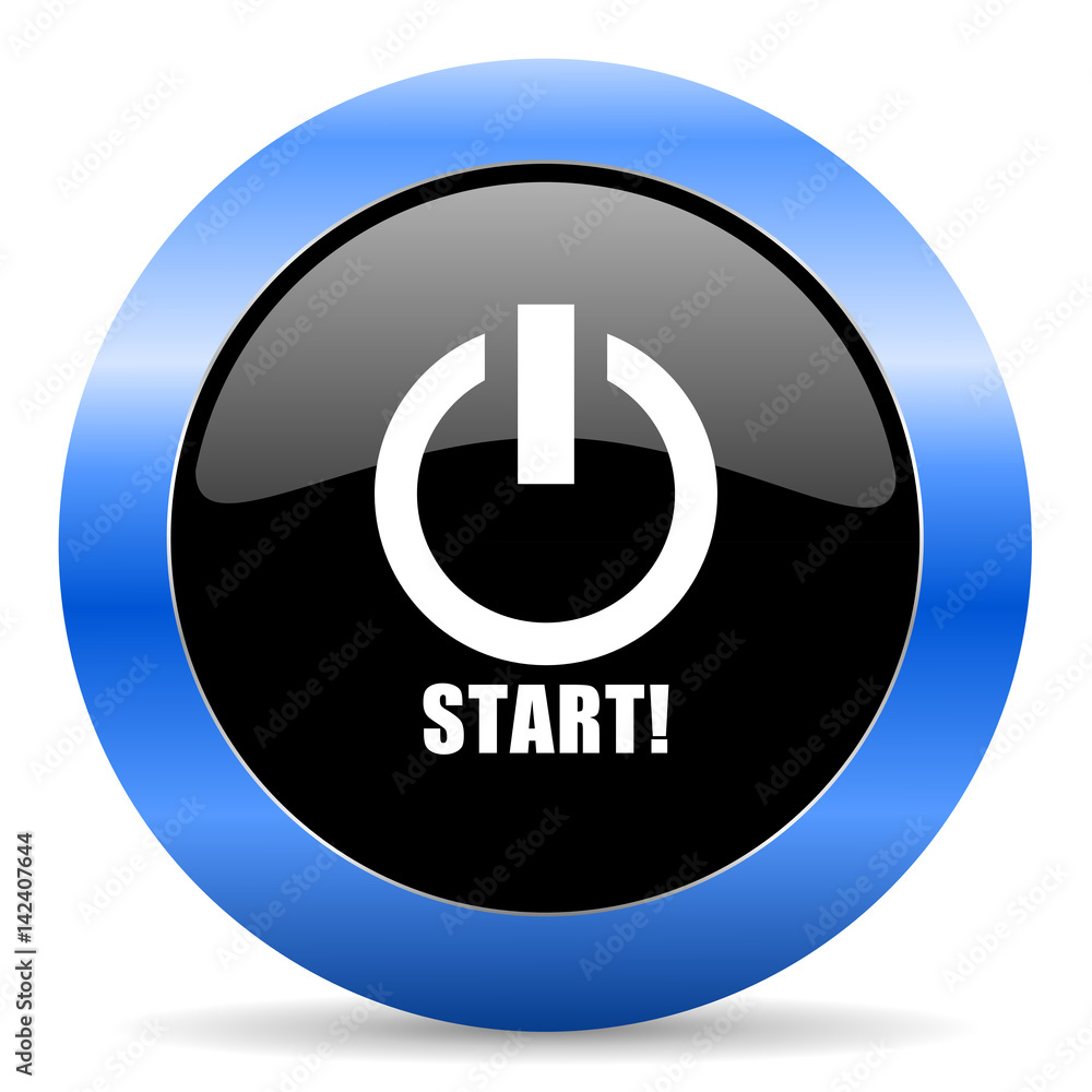Poster start black and blue web design round internet icon with shadow on white background.