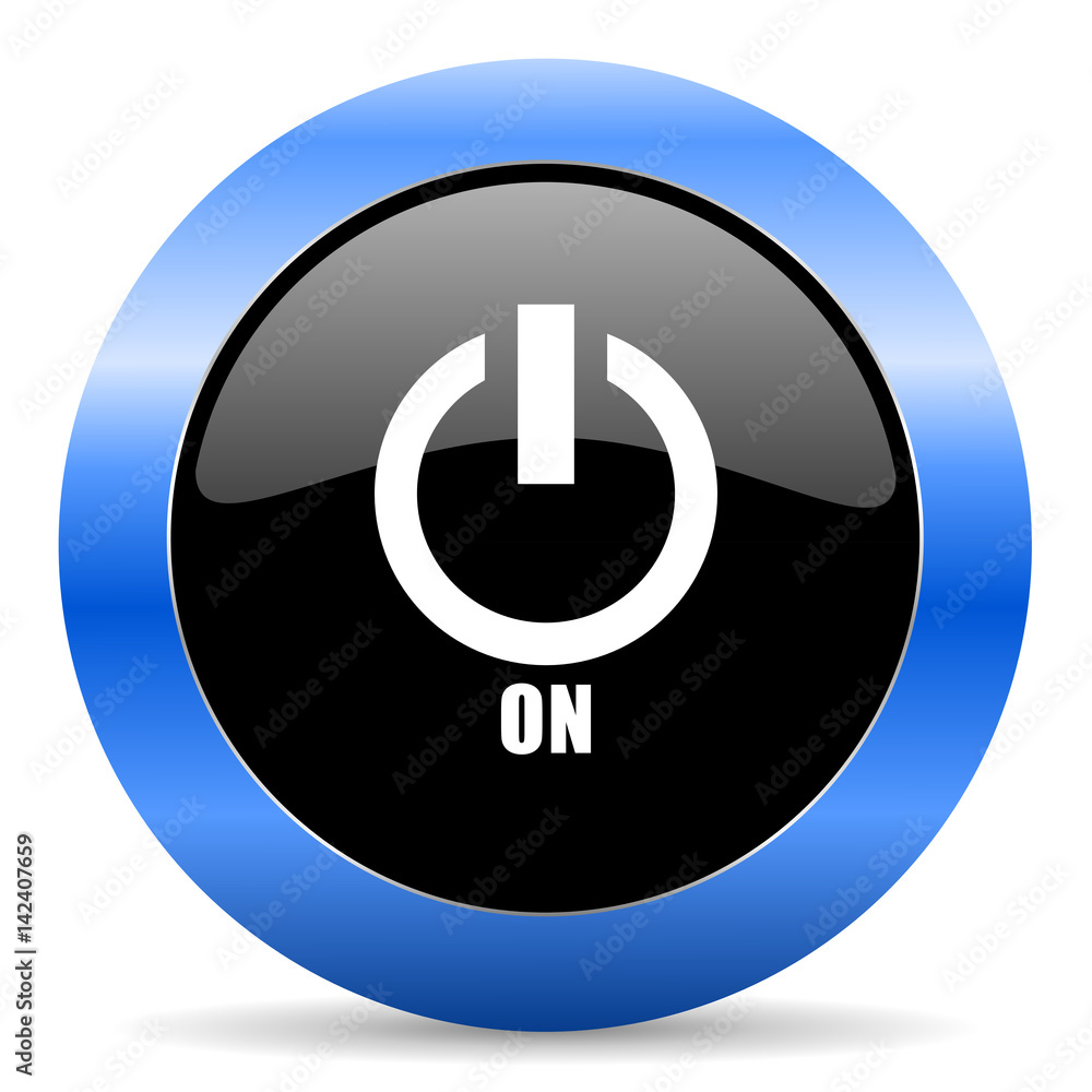Poster Power on black and blue web design round internet icon with shadow on white background.
