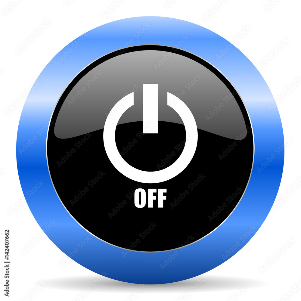 Poster power off black and blue web design round internet icon with shadow on white background.