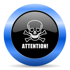Attention skull black and blue web design round internet icon with shadow on white background.