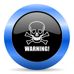 Warning skull black and blue web design round internet icon with shadow on white background.