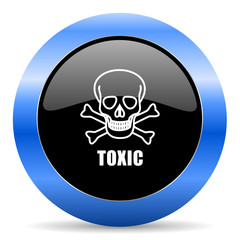 Toxic skull black and blue web design round internet icon with shadow on white background.