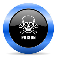 Poison skull black and blue web design round internet icon with shadow on white background.