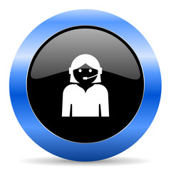 Female black and blue web design round internet icon with shadow on white background.