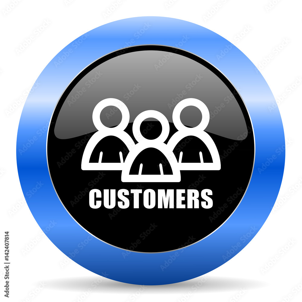 Poster customers black and blue web design round internet icon with shadow on white background.