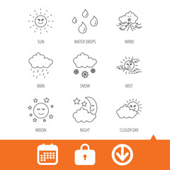 Weather, sun and rain icons. Moon night, clouds and mist linear signs. Wind, cloudy day and water drops flat line icons. Download arrow, locker and calendar web icons. Vector