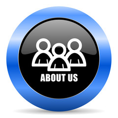 About us black and blue web design round internet icon with shadow on white background.
