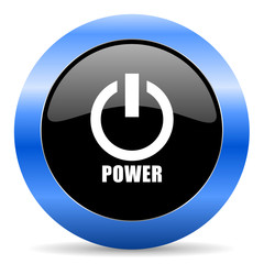 Power black and blue web design round internet icon with shadow on white background.