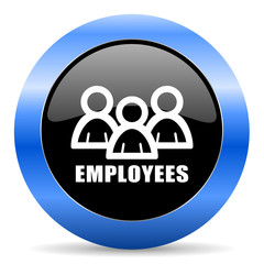 Employees black and blue web design round internet icon with shadow on white background.