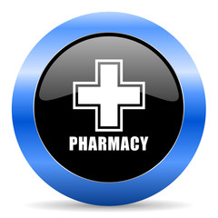 Pharmacy black and blue web design round internet icon with shadow on white background.