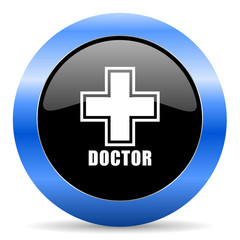 Doctor black and blue web design round internet icon with shadow on white background.
