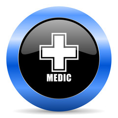 Medic black and blue web design round internet icon with shadow on white background.