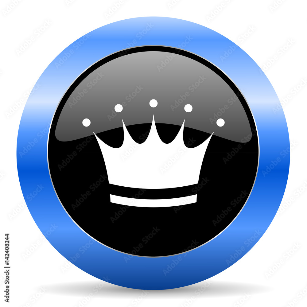 Poster crown black and blue web design round internet icon with shadow on white background.
