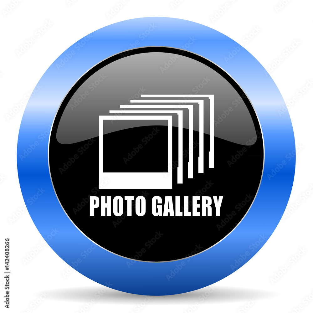 Poster photo gallery black and blue web design round internet icon with shadow on white background.