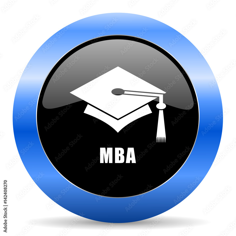 Poster mba black and blue web design round internet icon with shadow on white background.