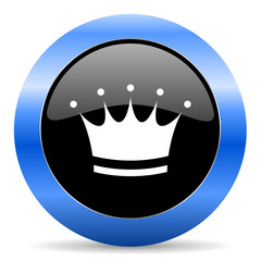 Crown black and blue web design round internet icon with shadow on white background.