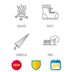 Bonfire, umbrella and hiking boots icons. Park linear sign. Shield protection, calendar and new tag web icons. Vector