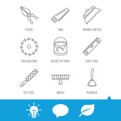 Trowel for tile, saw and brush tool icons. Level and file tool, bucket of paint linear signs. Plunger, pliers icons. Light bulb, speech bubble and leaf web icons. Vector