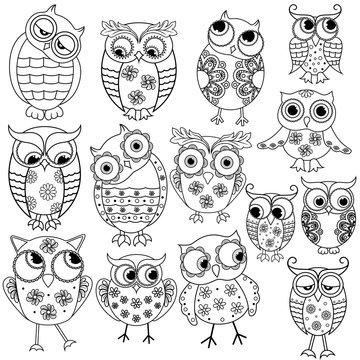 Fourteen cartoon funny owl outlines