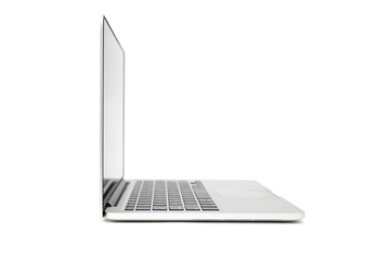 Side view of  laptop with blank screen isolated on white background