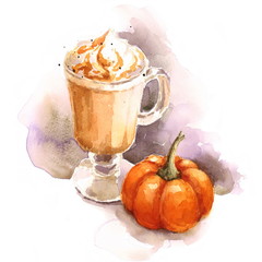 Watercolor Coffee Pumpkin Latte with Whipped Cream Hand Painted Autumn Illustration