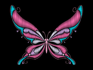 Embroidery. Pink with blue ornate butterfly, with stitching on the edge on a black background. Vector