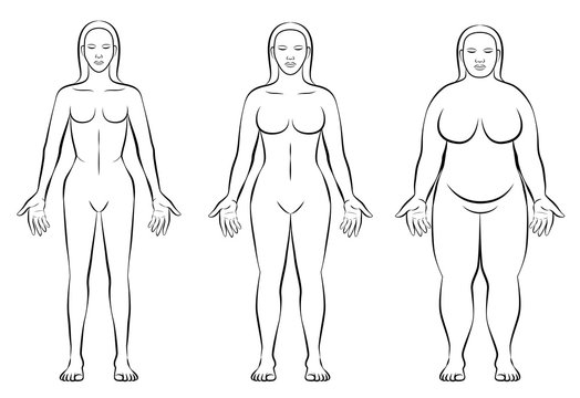 Female body constitution types - thin, normal weight and fat figure of a woman - ectomorph, mesomorph and endomorph - isolated outline vector illustration of three women with different anatomy.