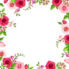 Vector background frame with red and pink roses and freesia flowers.