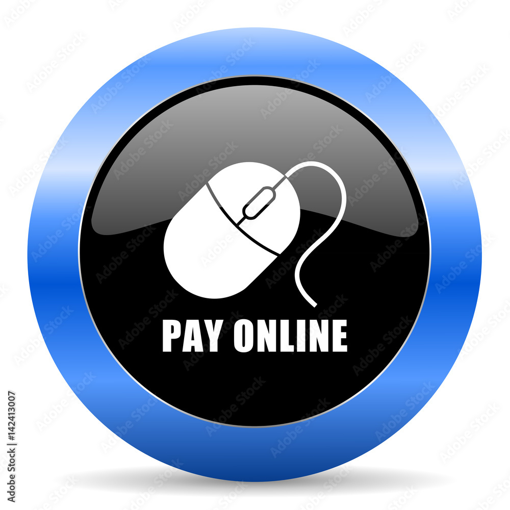Poster pay online black and blue web design round internet icon with shadow on white background.