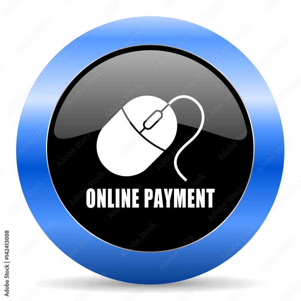 Poster online payment black and blue web design round internet icon with shadow on white background.