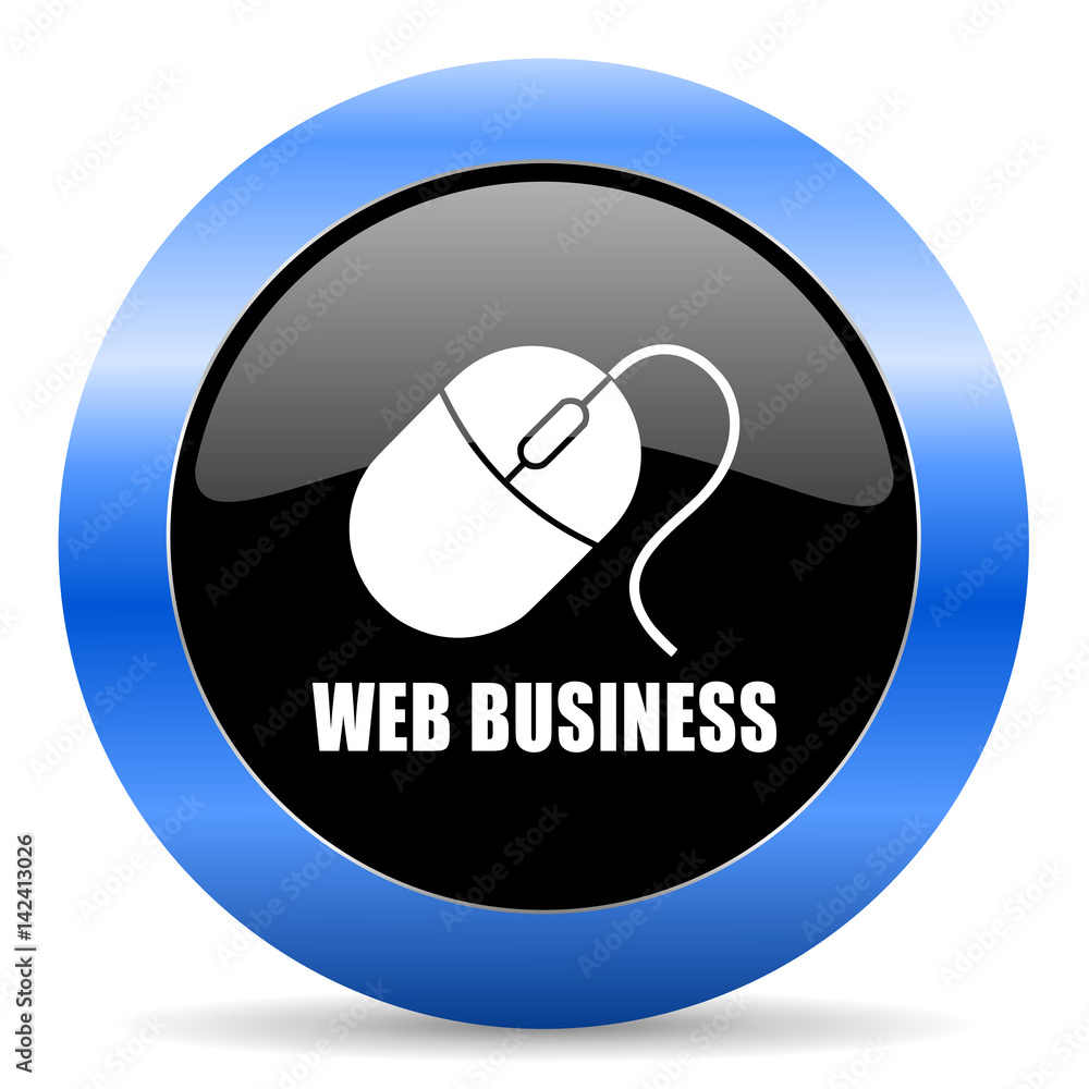Poster web business black and blue web design round internet icon with shadow on white background.