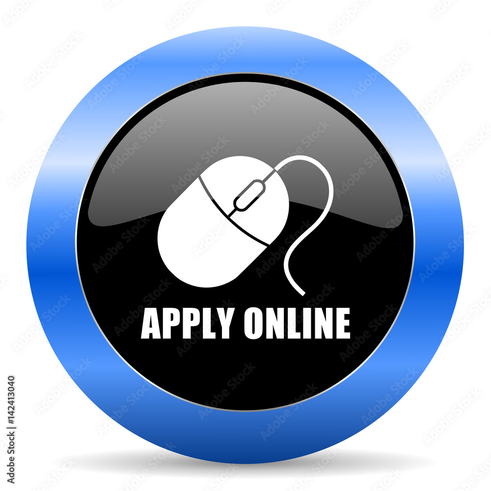 Aufkleber apply online black and blue web design round internet icon with shadow on white background.