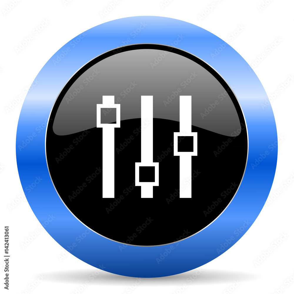 Poster slider black and blue web design round internet icon with shadow on white background.