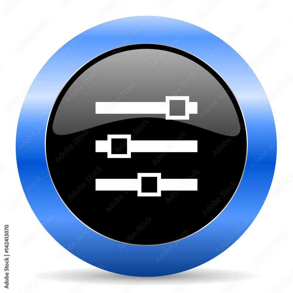 Poster slider black and blue web design round internet icon with shadow on white background.