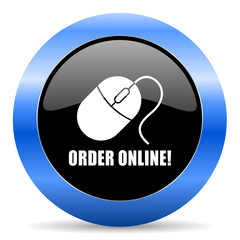 Order online black and blue web design round internet icon with shadow on white background.