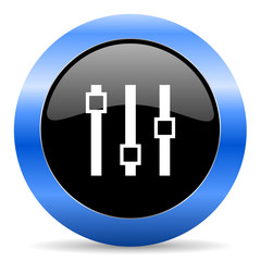Slider black and blue web design round internet icon with shadow on white background.