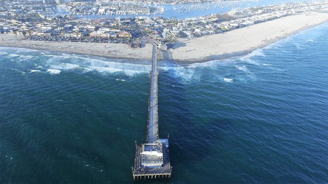 Spectacular aerial view of  Balboa Pier, Pacific Ocean, Orange County Balboa area and Southern California coast