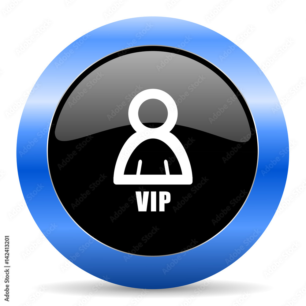 Aufkleber vip black and blue web design round internet icon with shadow on white background.