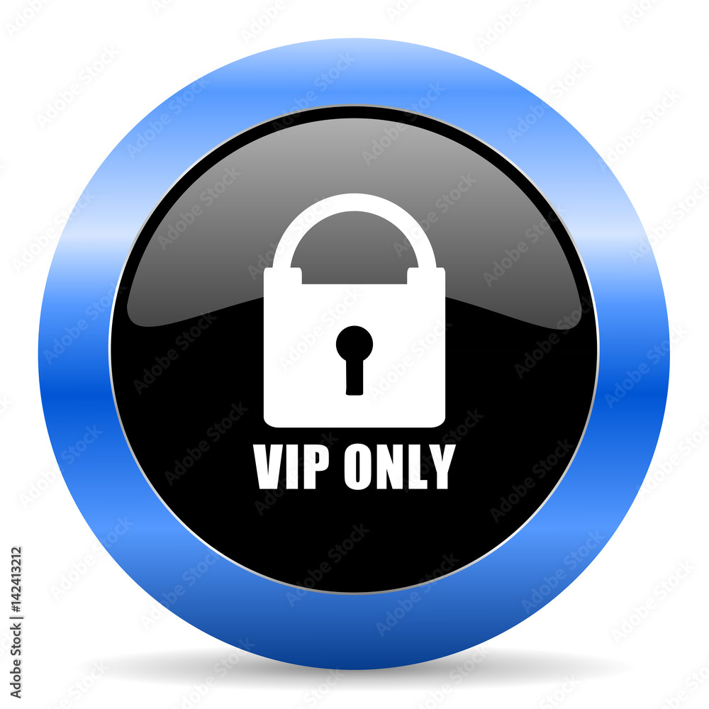 Aufkleber vip only black and blue web design round internet icon with shadow on white background.