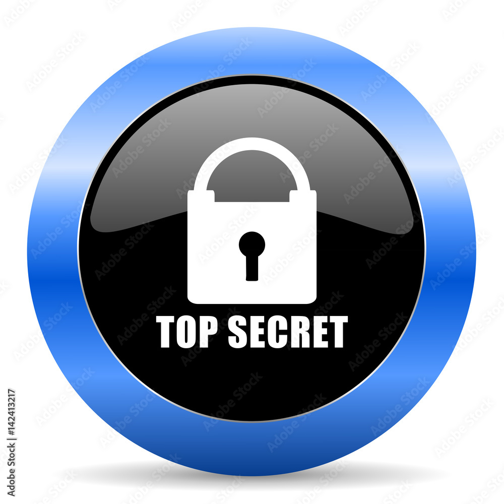 Poster top seret black and blue web design round internet icon with shadow on white background.
