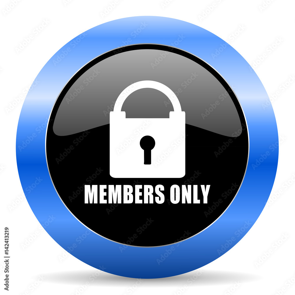 Aufkleber members only black and blue web design round internet icon with shadow on white background.