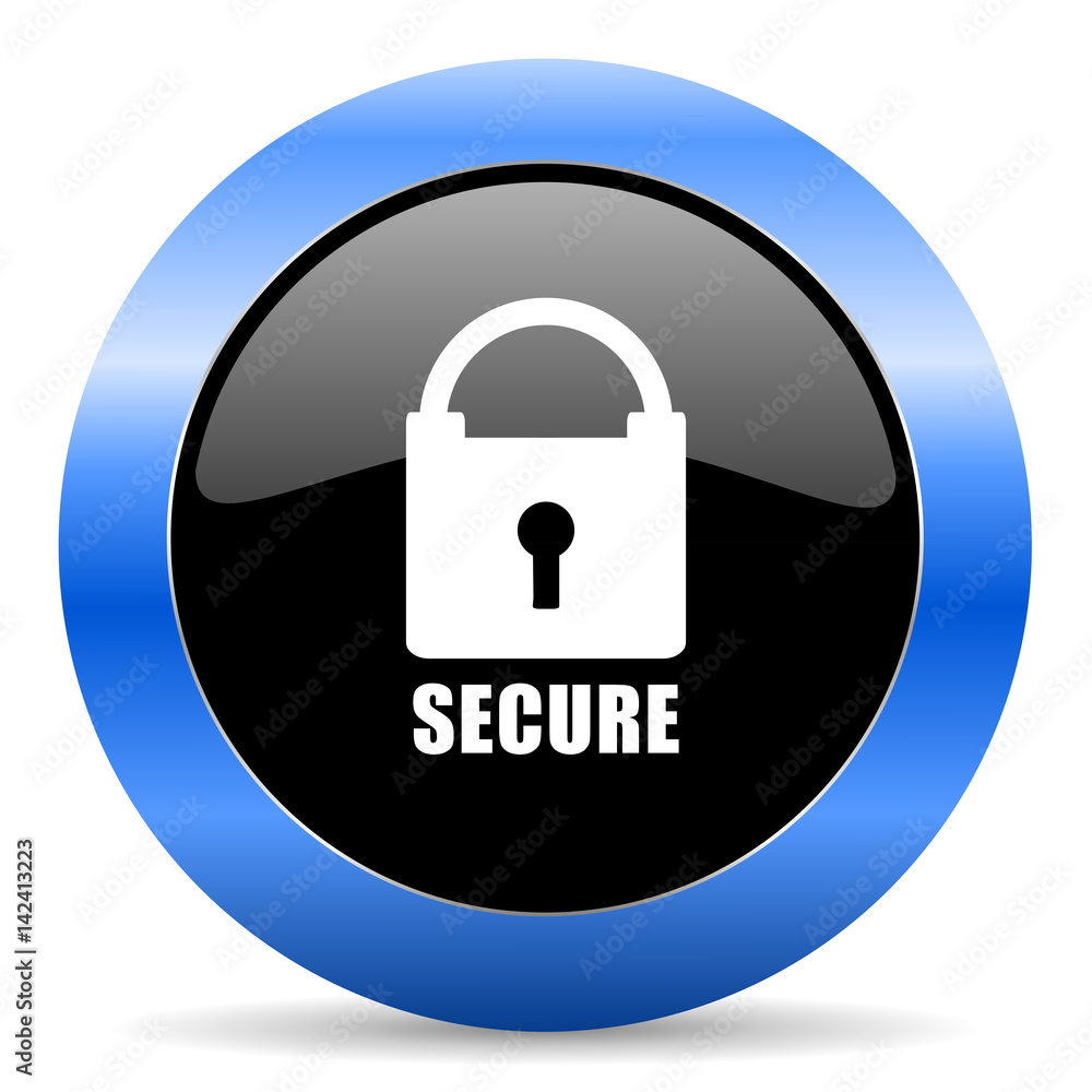 Poster Secure black and blue web design round internet icon with shadow on white background.