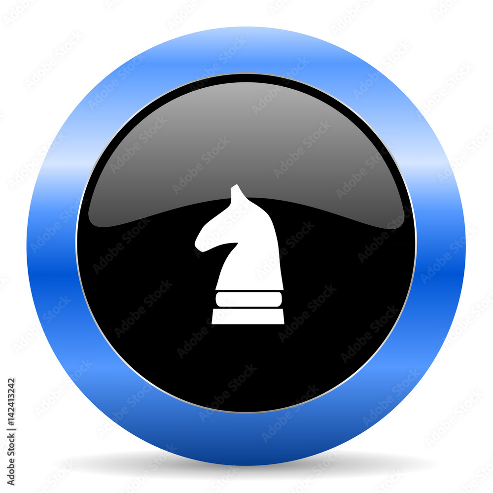 Poster chess horse black and blue web design round internet icon with shadow on white background.