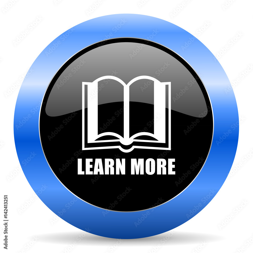 Leinwandbilder learn more black and blue web design round internet icon with shadow on white background.