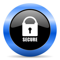 Secure black and blue web design round internet icon with shadow on white background.