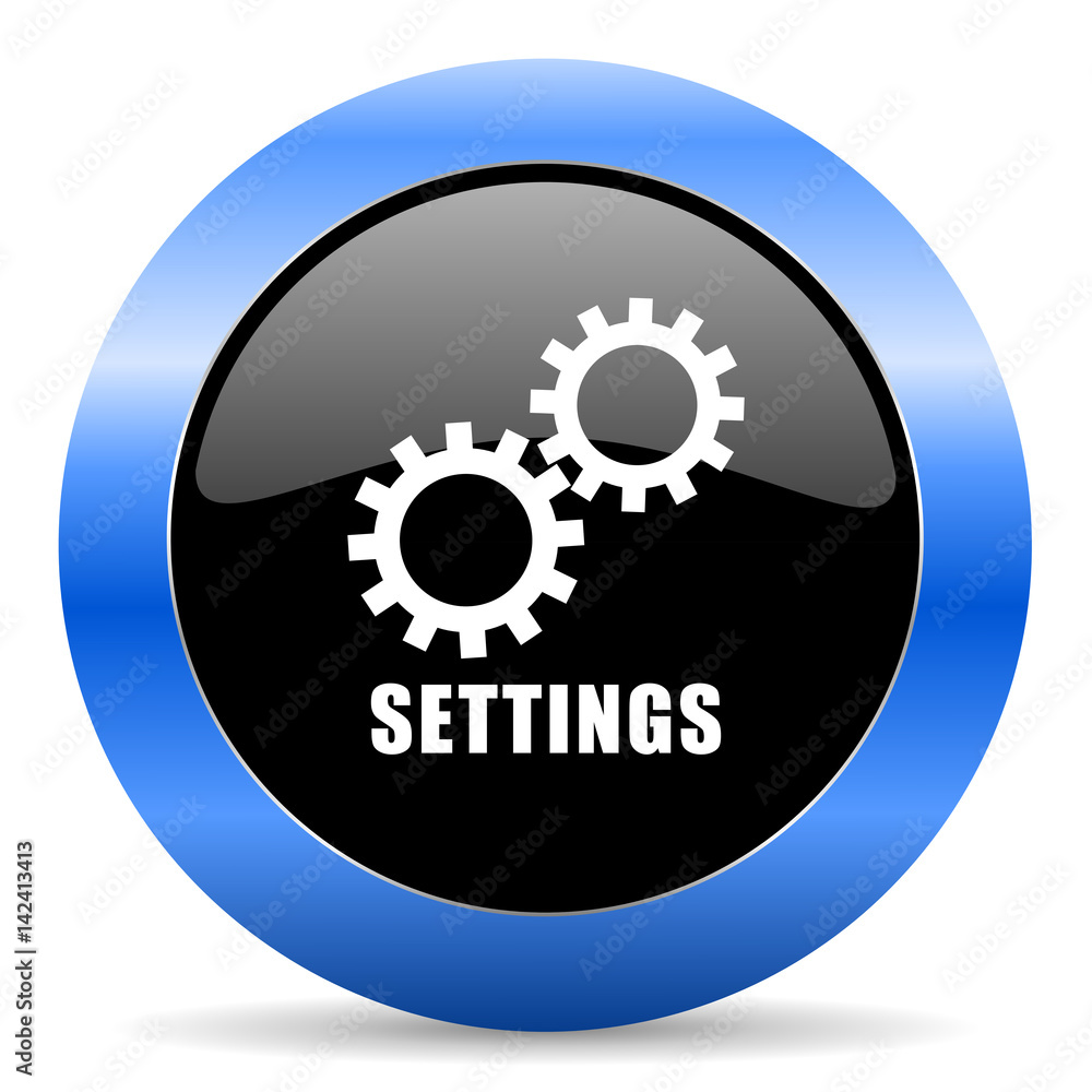 Poster Settings black and blue web design round internet icon with shadow on white background.