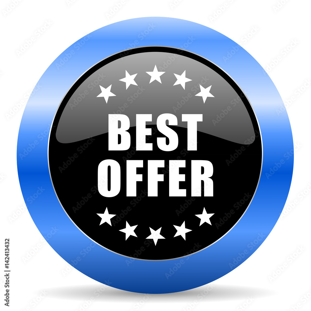 Aufkleber best offer black and blue web design round internet icon with shadow on white background.