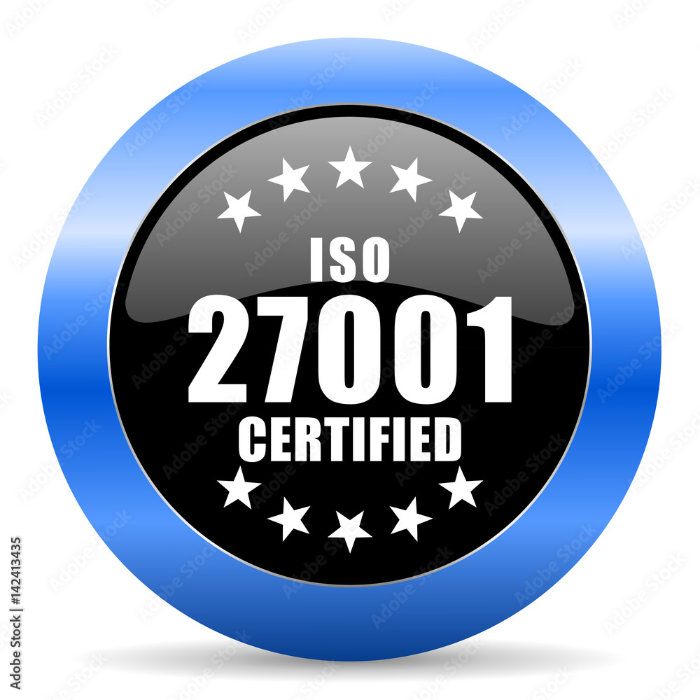 Poster iso 27001 black and blue web design round internet icon with shadow on white background.